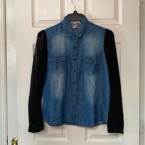 GW Gypsy Warrior Chambray Black Sheer Sleeves Button Down Shirt